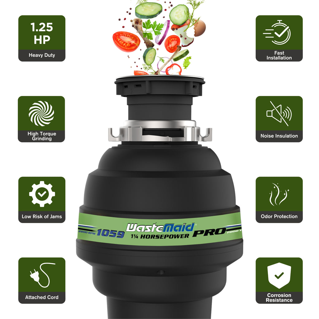 Half front view of a garbage disposal with food entering the top and feature icons displayed around the unit.