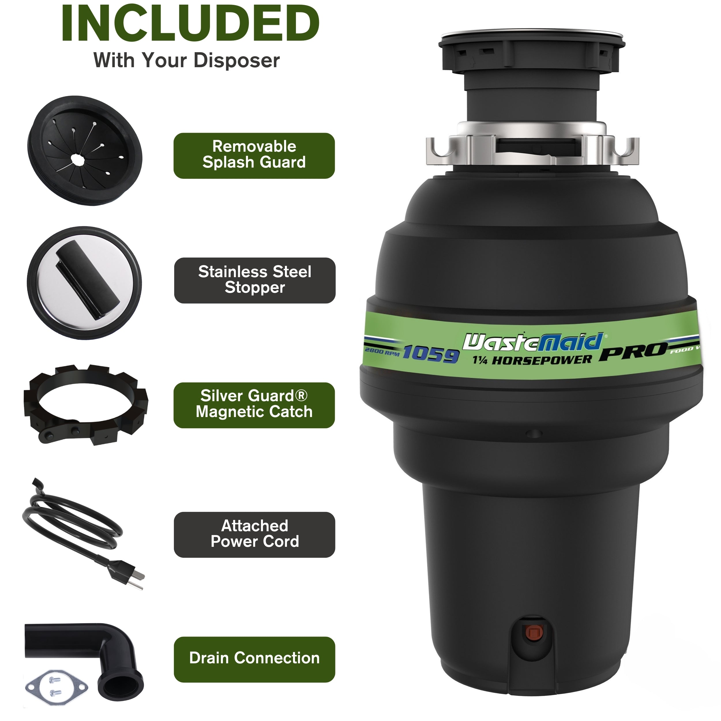 Front view of a garbage disposal with all included accessories displayed next to it.