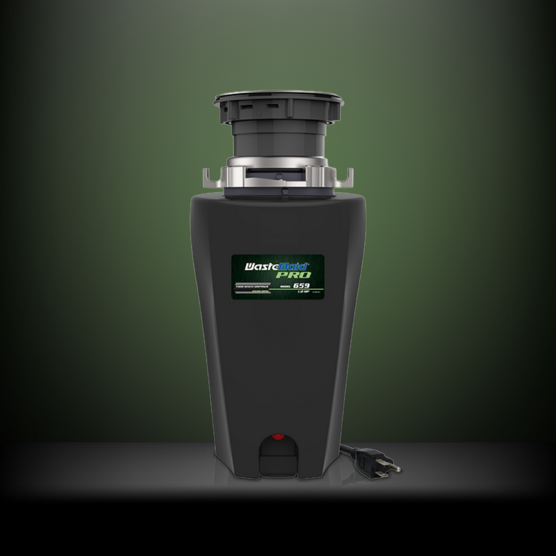 Garbage disposal unit with 'Wastemaid Pro' branding on a green background