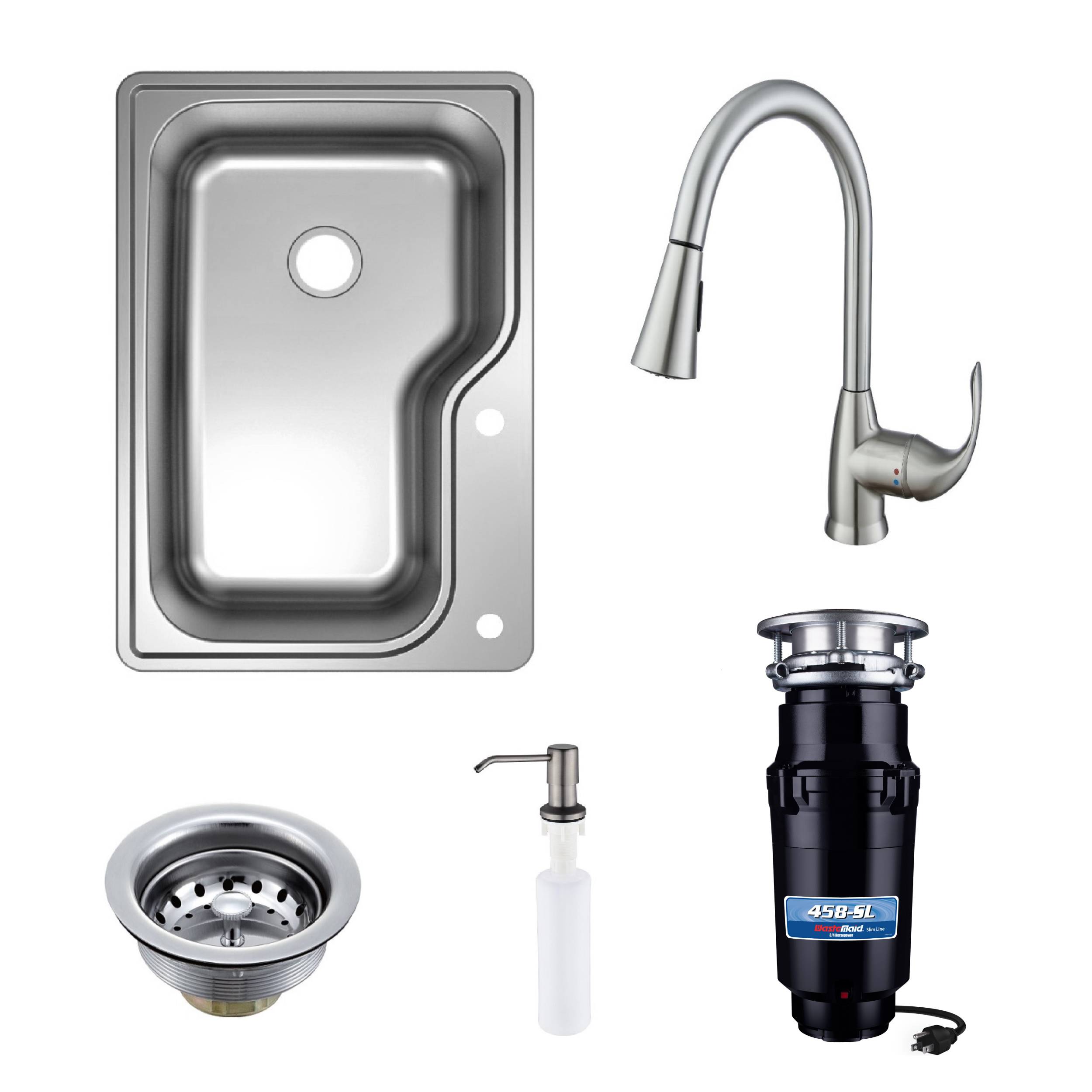 Collection of stainless steel kitchen sink components including a faucet, drain, soap dispenser, and disposal on a white background.
