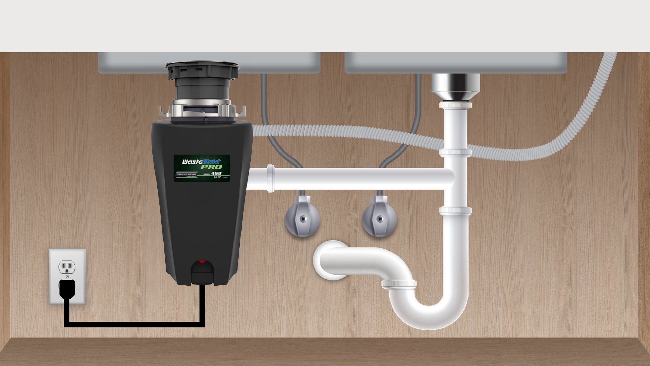 Under-sink plumbing system with a black disposal unit and visible pipes.