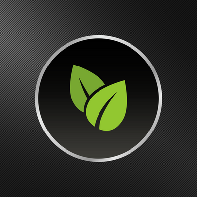 Green leaf icon on a black gradient circle with a silver outline on a black geometric background