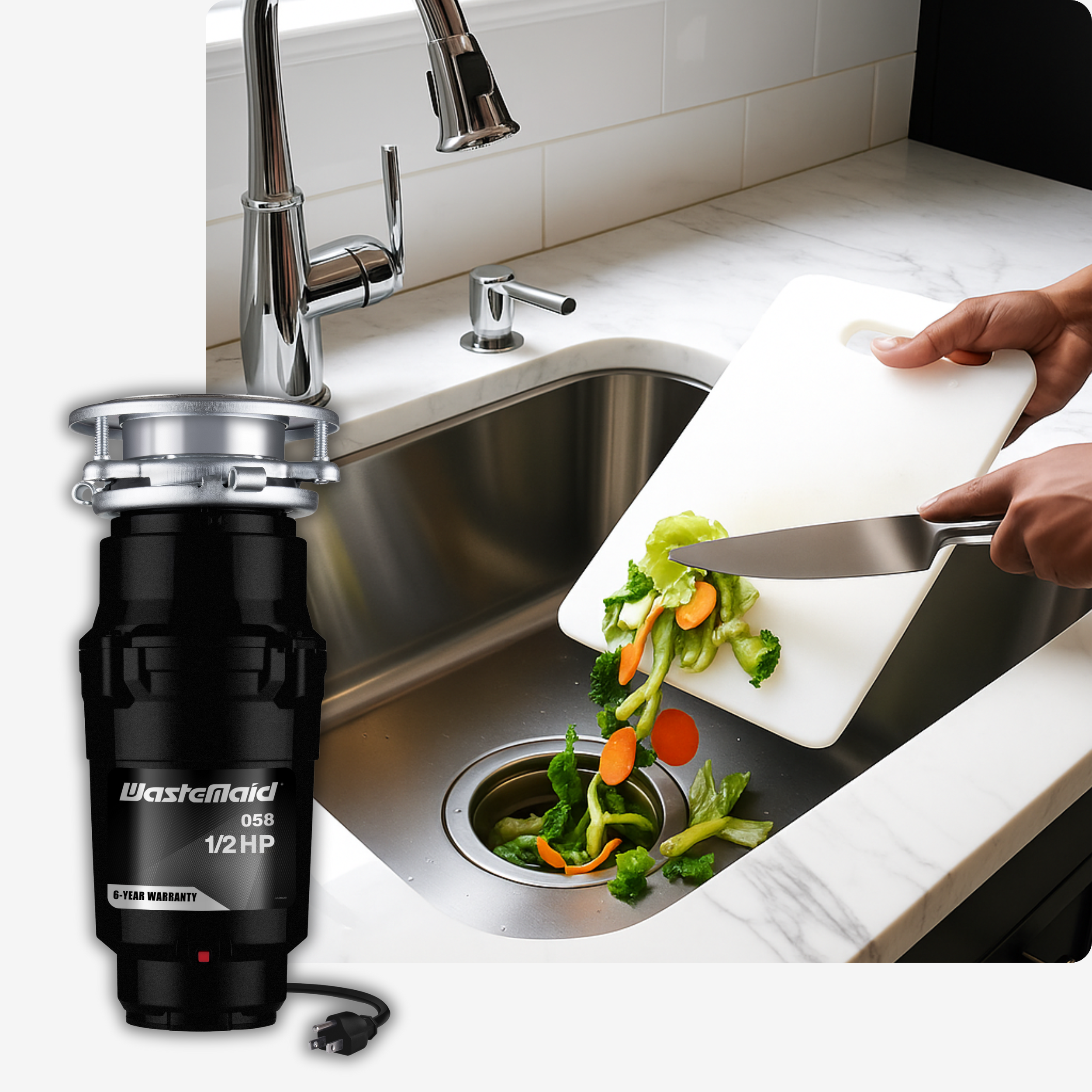 Waste maid garbage disposal unit with a kitchen sink and food waste being disposed of.