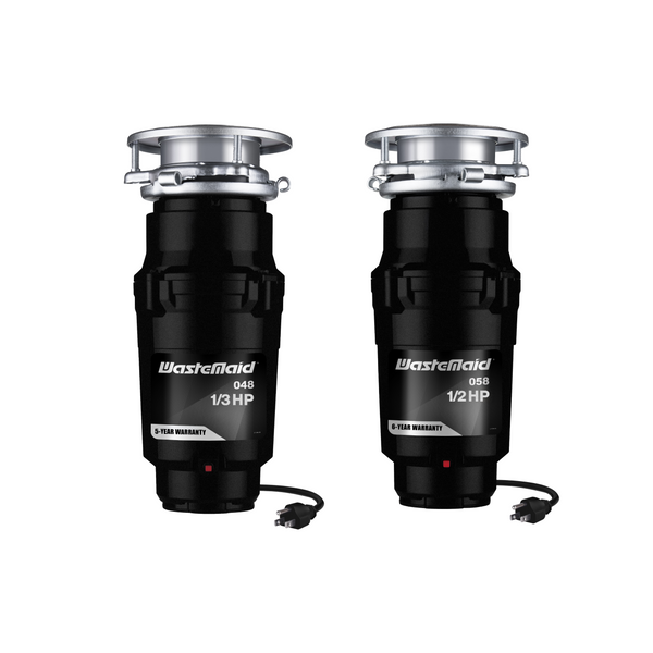 Two WasteMaid garbage disposals on a white background