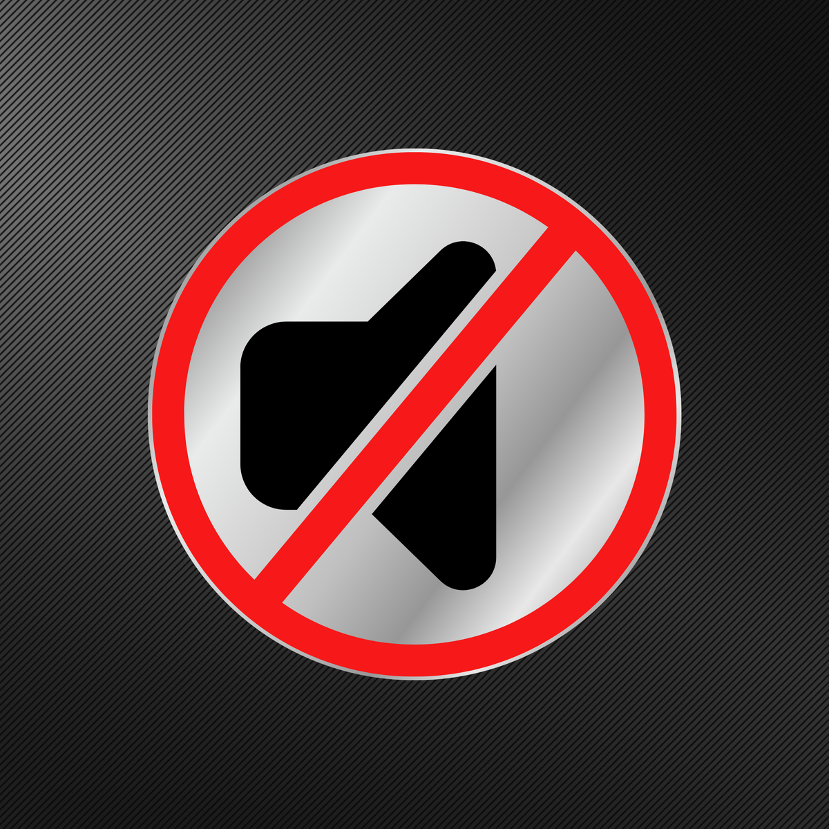 Speaker with red cross-out circle on a silver metallic circle with black textured background